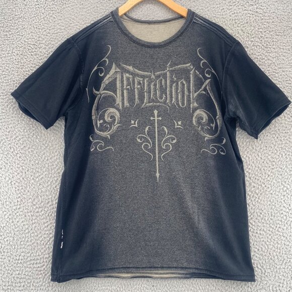 Affliction Shirt Mens M Black Gray Ombre Reversible Short Sleeve Pullover Tee - Picture 5 of 12